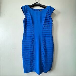 Adrianna Papell Blue Ribbed Ruffled Sheath Dress
